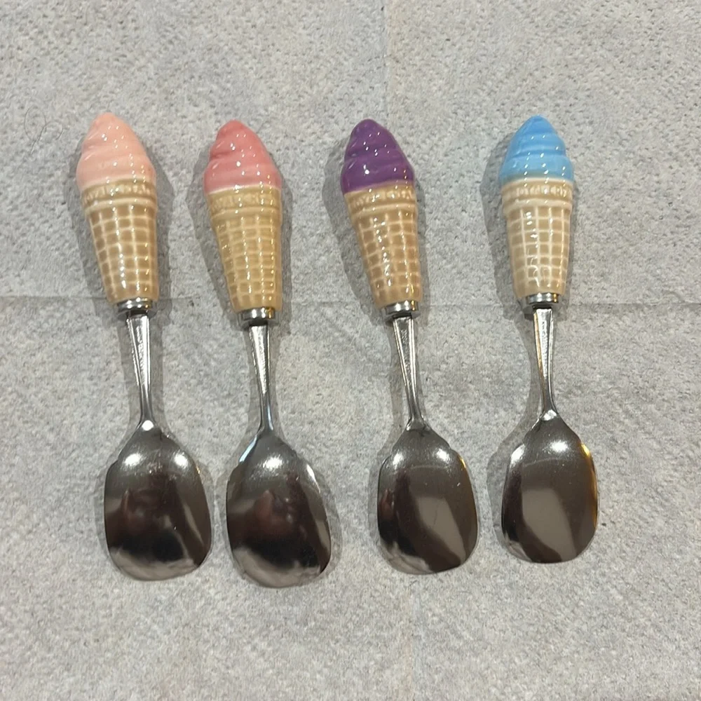 VTG ROYAL CREAM CERAMIC CONE SHAPED STAINLESS SPOON JAPAN MULTI COLOR SET Of 4